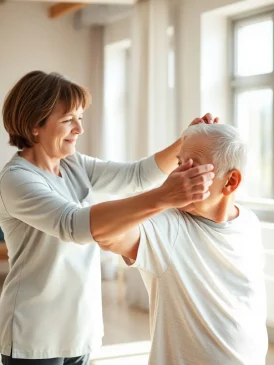 A physical therapist assisting a patient with mobility exercises in a home setting, emphasizing Medical Decision Services' commitment to rehabilitation and improved quality of life.