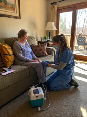 A caring nurse assisting a patient in their home environment, showcasing the compassionate nature of Medical Decision Services' home health care services.